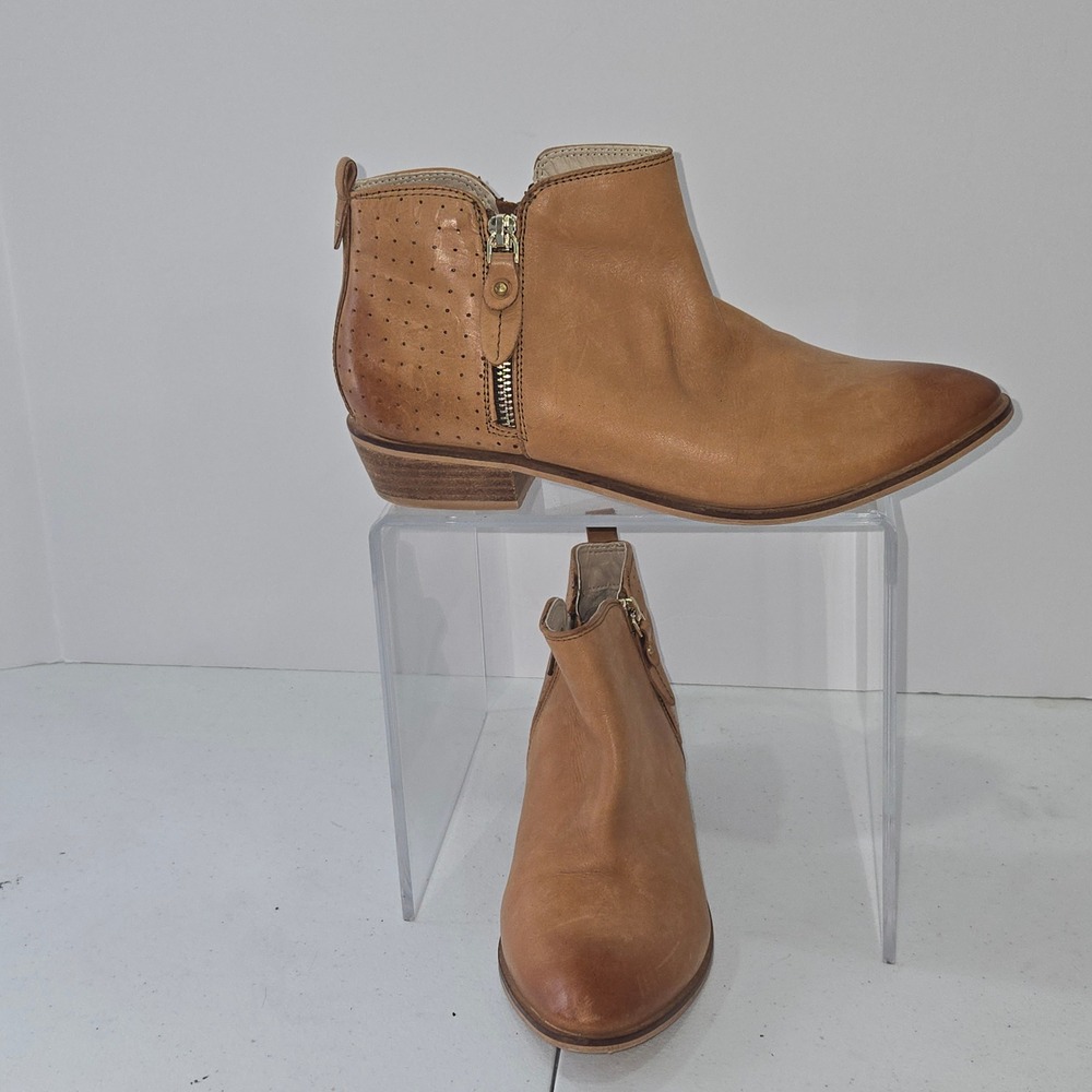 Roolee Tan Leather Perforated Ankle Booties Side Zip Western Boho Shoes Size 40